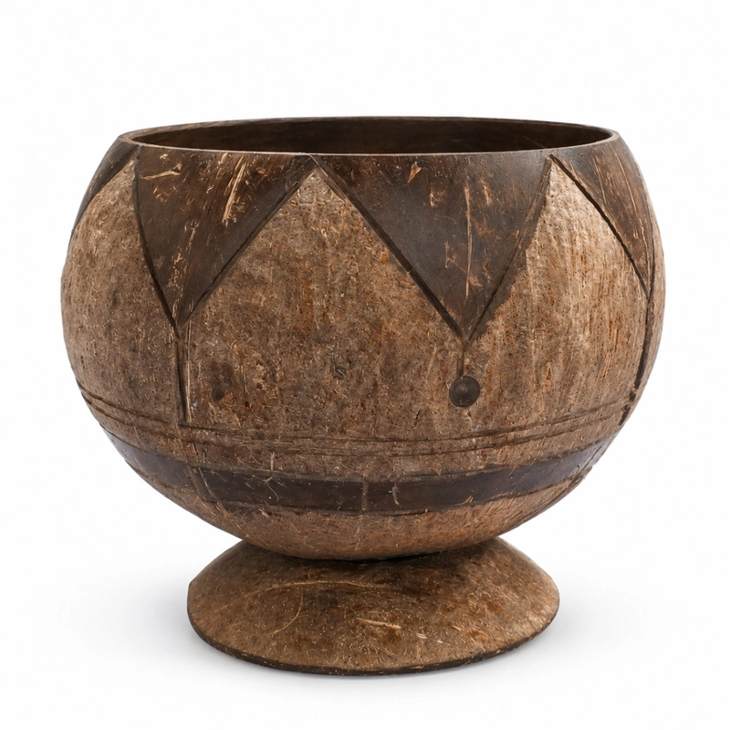 Footed coconut shell bowl with hand-carved geometric pattern on white background Footed coconut shell bowl with hand-carved geometric pattern on white background