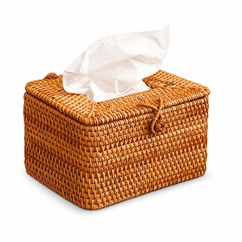 Handwoven natural rattan tissue box with white tissue on a clean white background Handwoven natural rattan tissue box with white tissue on a clean white background