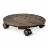 Round Dark Walnut Acacia Plant Caddy with Locking Wheels – 35cm 7 Round dark walnut acacia plant caddy with locking wheels on a white background