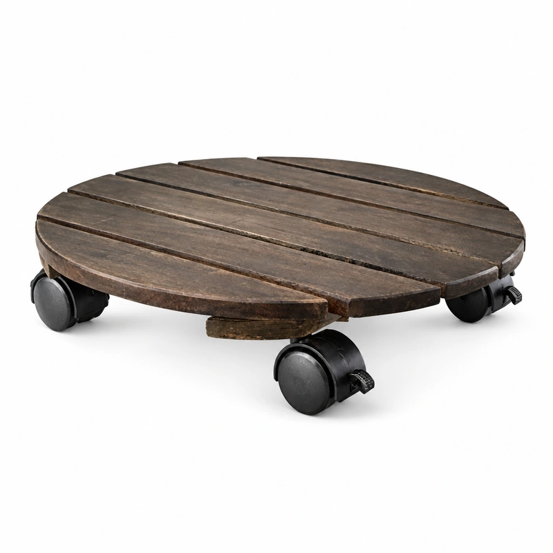 Round dark walnut acacia plant caddy with locking wheels on a white background Round dark walnut acacia plant caddy with locking wheels on a white background