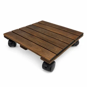 Square dark walnut acacia plant caddy with locking wheels on white