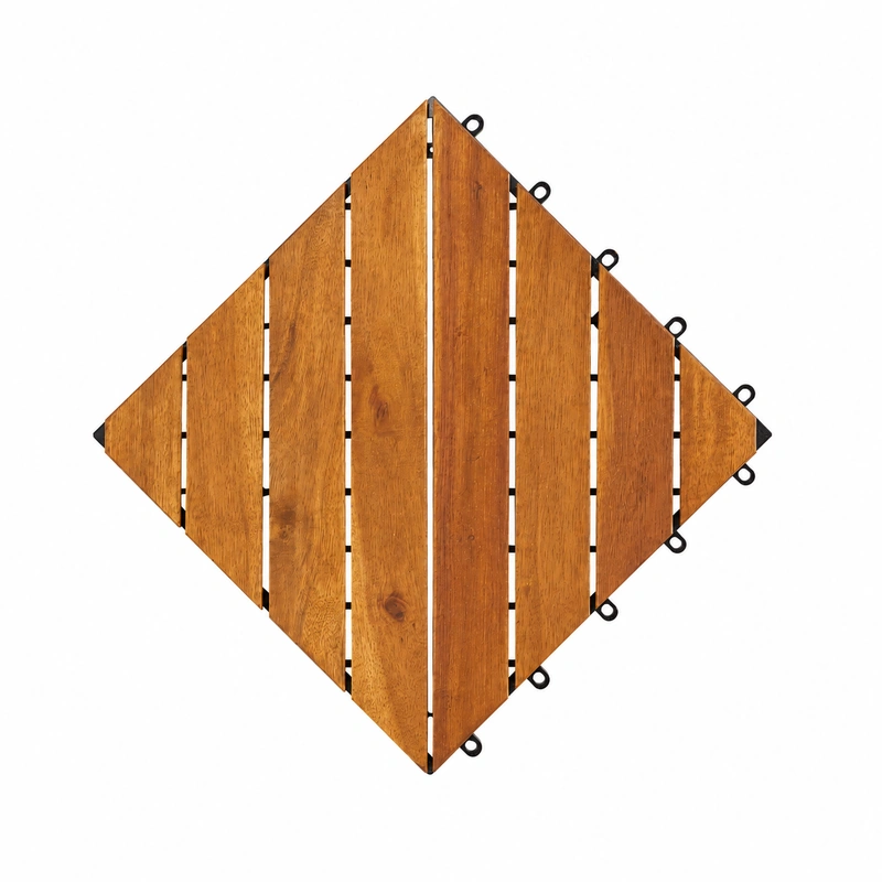 8-slat wooden interlocking deck tiles in natural gold on a white background 8-slat wooden interlocking deck tiles in natural gold on a white background