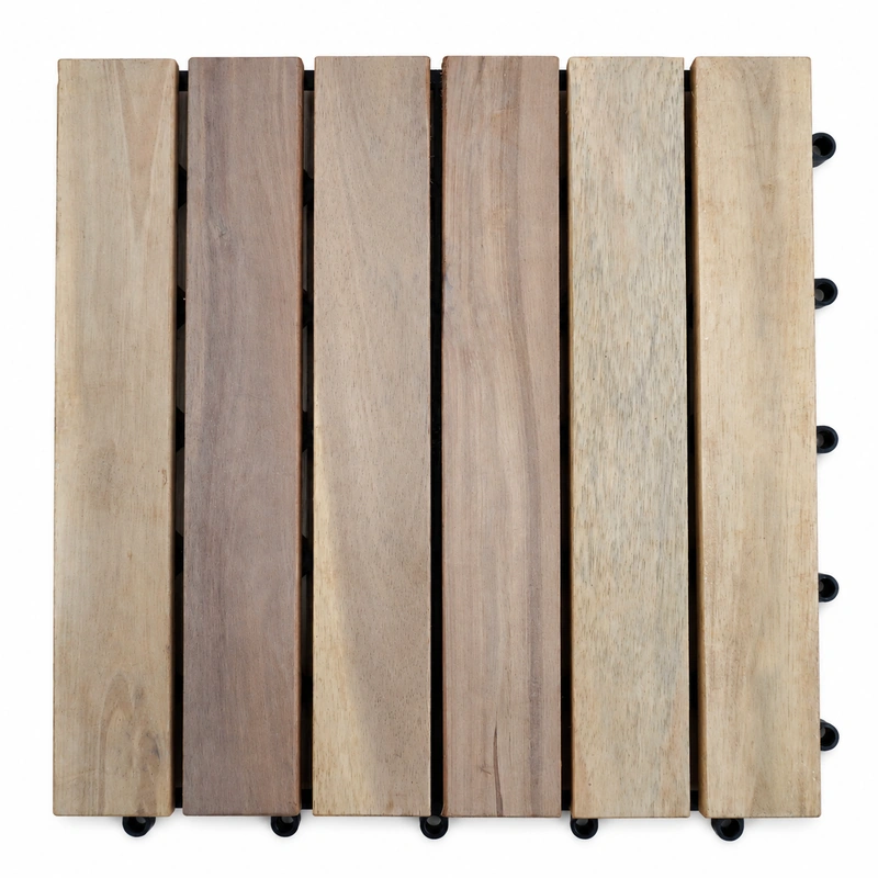 Interlocking pool deck tiles with six Sahara acacia slats and round clips Interlocking pool deck tiles with six Sahara acacia slats and round clips