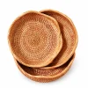 Round Rattan Fruit Basket Wicker Food Tray Weaving Storage 8 Three handwoven round rattan fruit baskets with petal rims on white background