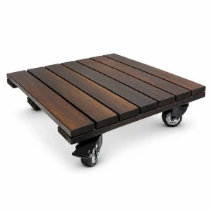 Square dark walnut acacia plant caddy with locking casters on white