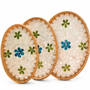 Rattan mother of pearl serving tray set with blue and green floral motifs on white