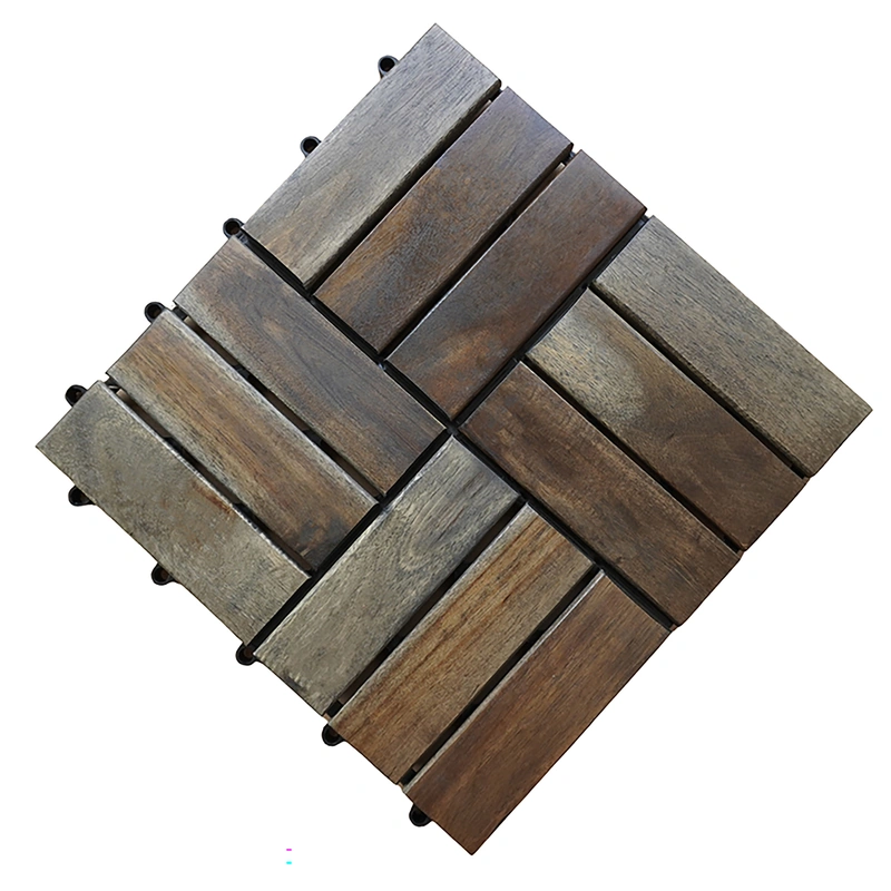 Acacia wood deck tiles in walnut, showing twelve slats and an interlocking base Acacia wood deck tiles in walnut, showing twelve slats and an interlocking base