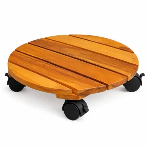 Golden round acacia plant caddy with locking wheels on a white background