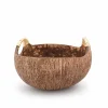Natural coconut shell bowl with two wrapped handles on a white background