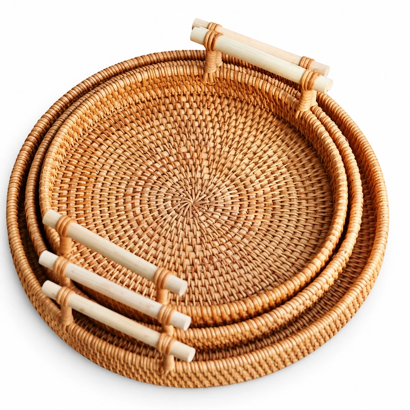 Wicker basket round tray collection with bamboo handles on white Wicker basket round tray collection with bamboo handles on white