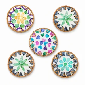 Rattan mother of pearl inlay coasters showing colourful flower and heart designs