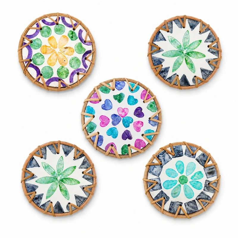 Rattan mother of pearl inlay coasters showing colourful flower and heart designs Rattan mother of pearl inlay coasters showing colourful flower and heart designs
