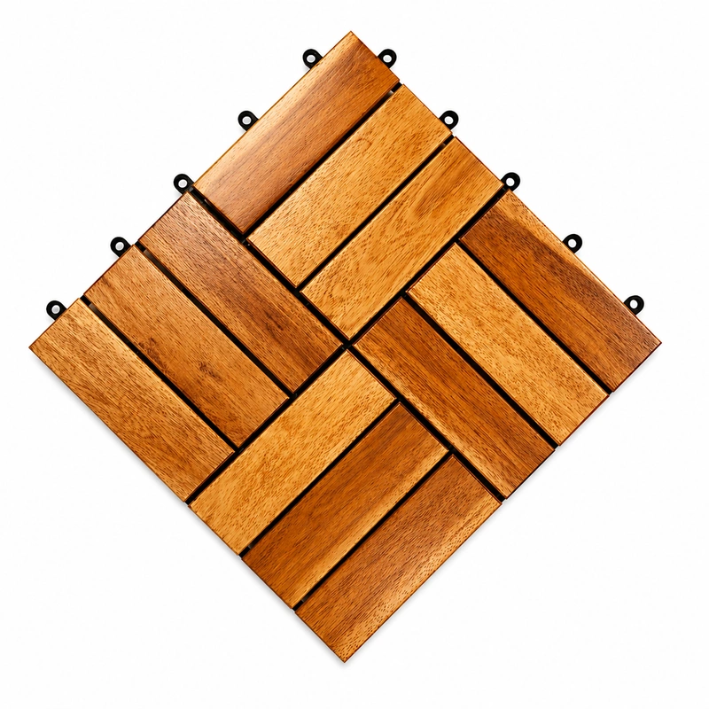 Twelve-slat natural acacia interlocking patio tile viewed from above Twelve-slat natural acacia interlocking patio tile viewed from above