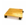 Square golden acacia plant caddy with black plastic caster wheels on a white background