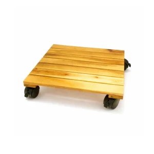 Square golden acacia plant caddy with black plastic caster wheels on a white background