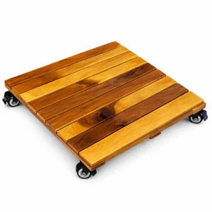 Wooden plant caddy with warm wood slats and four caster wheels