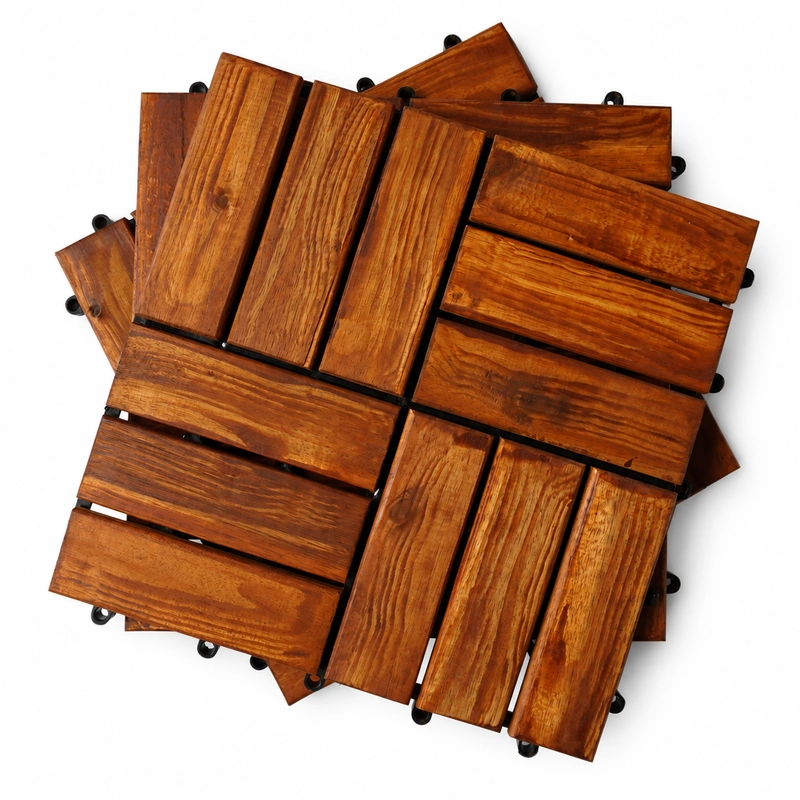 Acacia interlocking deck tiles with 12 slats and hand-worked Me Tay grain on white Acacia interlocking deck tiles with 12 slats and hand-worked Me Tay grain on white