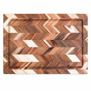 Top view of a hard acacia wooden herringbone cutting board with perimeter groove
