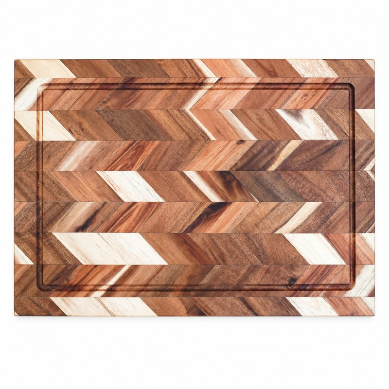 Top view of a hard acacia wooden herringbone cutting board with perimeter groove Top view of a hard acacia wooden herringbone cutting board with perimeter groove