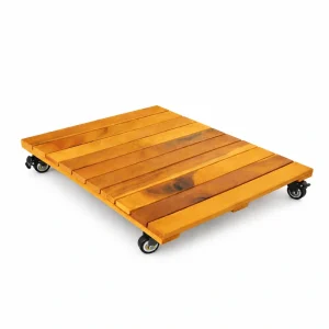 Square wooden plant caddy with five caster wheels