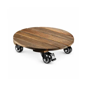 Round walnut-colour acacia wooden plant stand with wheels and a locking caster
