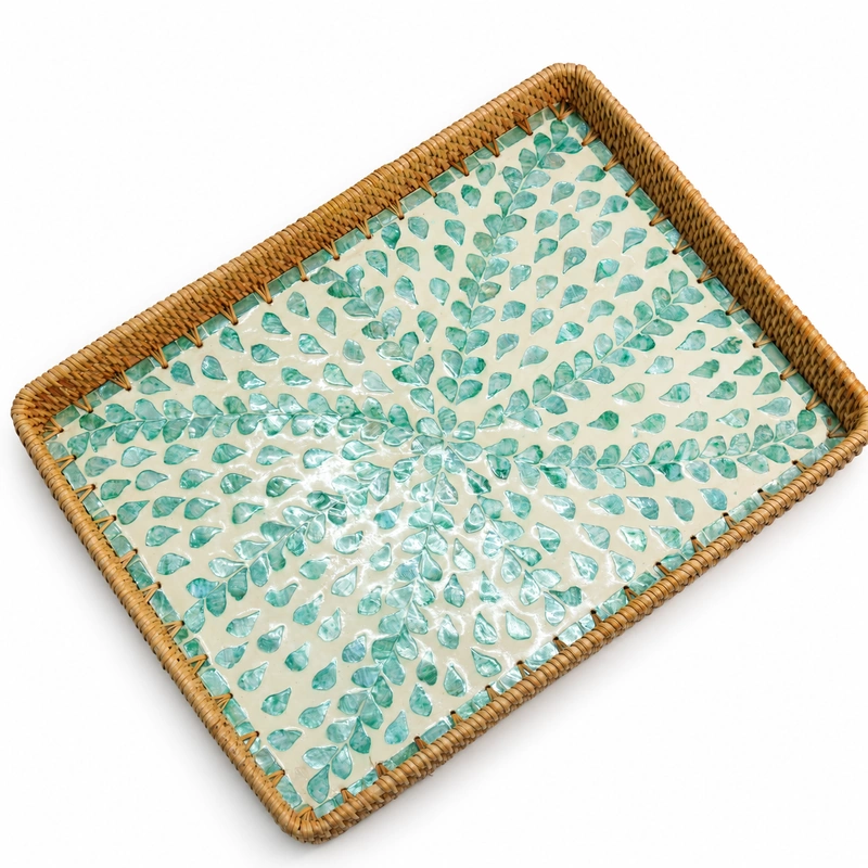 Large rattan tray with turquoise mother-of-pearl leaf inlay on a cream base Large rattan tray with turquoise mother-of-pearl leaf inlay on a cream base