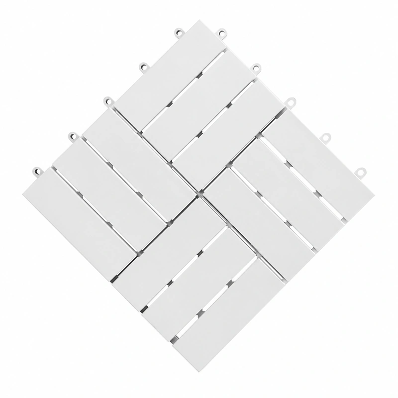 White outdoor patio tiles with twelve acacia slats and round interlocking connectors White outdoor patio tiles with twelve acacia slats and round interlocking connectors