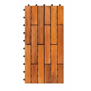Acacia deck tiles in a rectangular golden 15-slat design