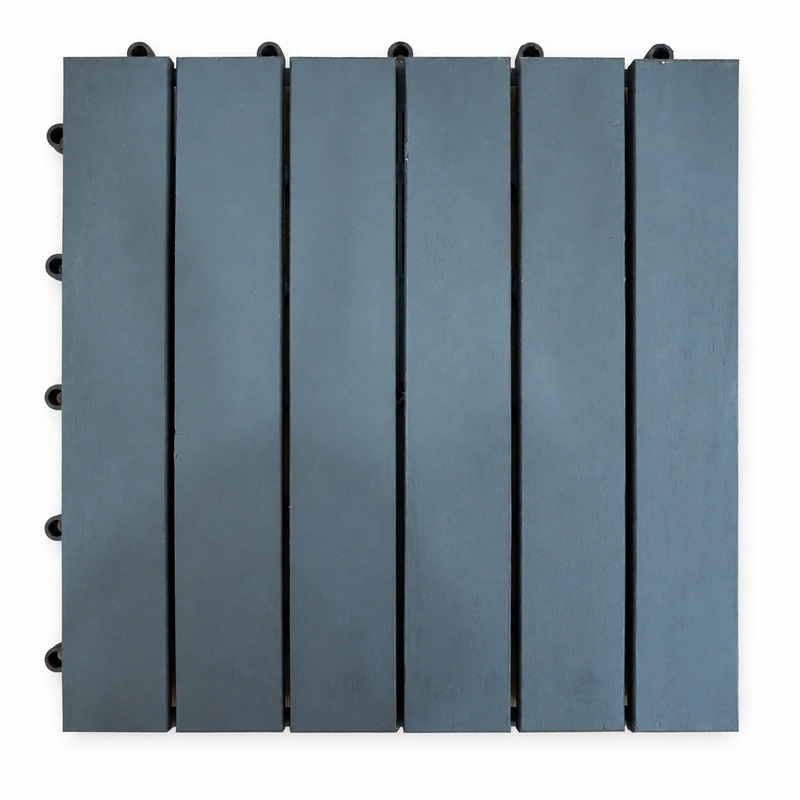 Grey-blue acacia decking tile with six parallel slats and round connectors Grey-blue acacia decking tile with six parallel slats and round connectors