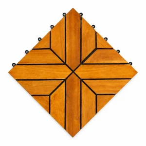 Interlocking patio deck tiles with a golden 16-slat acacia pattern and round connectors