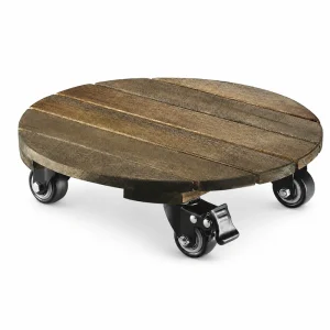 Round wooden plant caddy with swivel casters and a locking brake on a white background