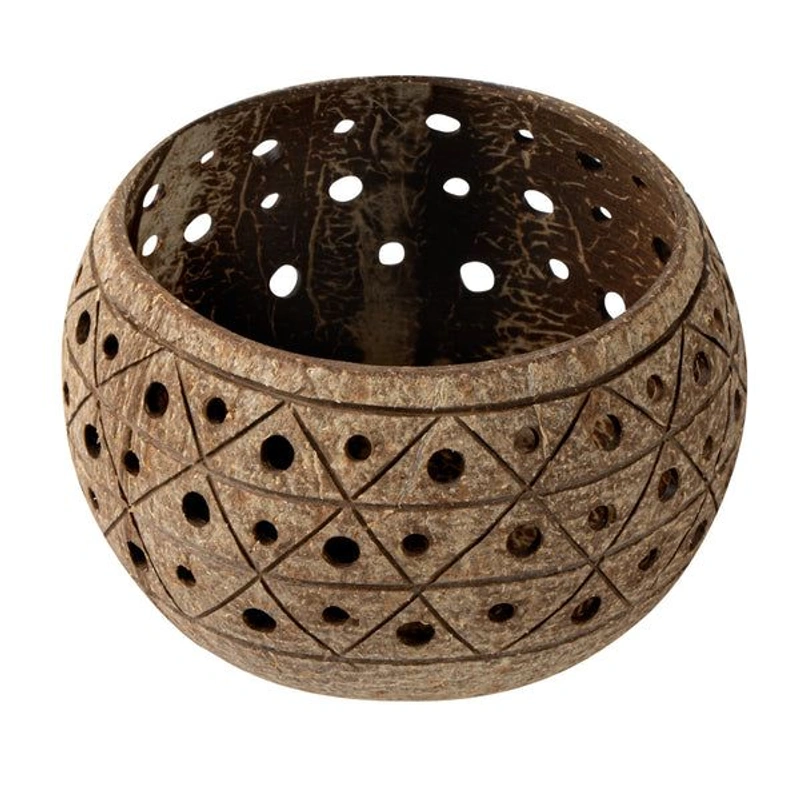 Geometric Carved Coconut Shell Candle Holder Geometric coconut shell candle holder upper rim and interior detail