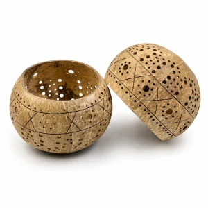 Interior and underside views of daisy-pattern coconut shell holders