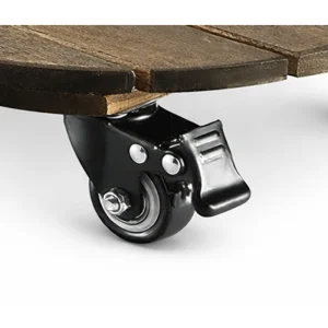 Close-up of the locking caster brake and metal bracket beneath the wooden platform