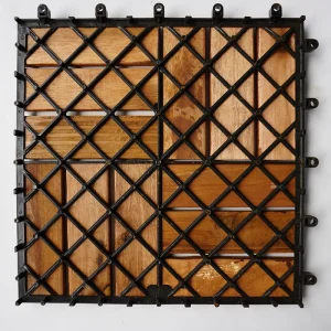 Interlocking Deck Tiles 12 Slats 3 Black PP interlocking base on the underside of a 12-slat acacia tile