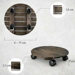 Round Dark Walnut Acacia Plant Caddy with Locking Wheels – 35cm 3 Dimensions and underside of the 35 cm round acacia plant caddy