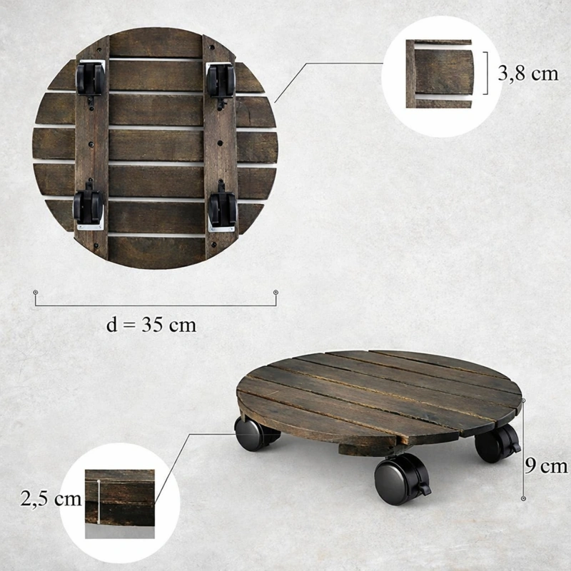 Dimensions and underside of the 35 cm round acacia plant caddy Dimensions and underside of the 35 cm round acacia plant caddy