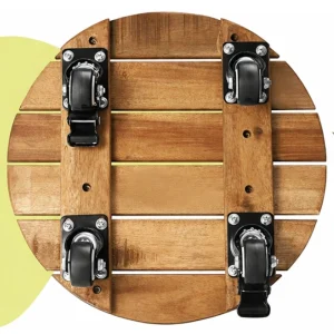Underside of the round acacia plant caddy showing four locking caster mounts