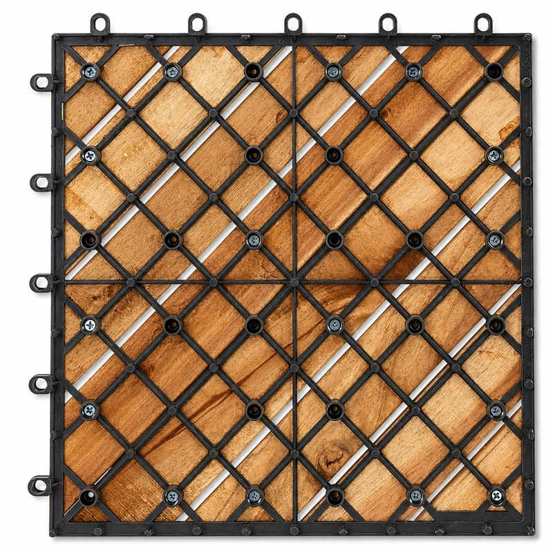 Underside of an interlocking wooden tile showing the PP connector grid Underside of an interlocking wooden tile showing the PP connector grid