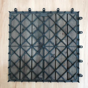 Acacia Decking Tile for Balcony of installation 3 Underside of a six-slat tile with a black PP lattice and round connectors