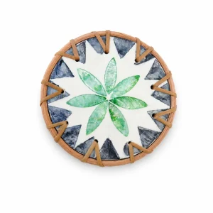 Wholesale Rattan Mother of Pearl Inlay Coasters 3 Green floral shell inlay with a handworked natural rattan rim