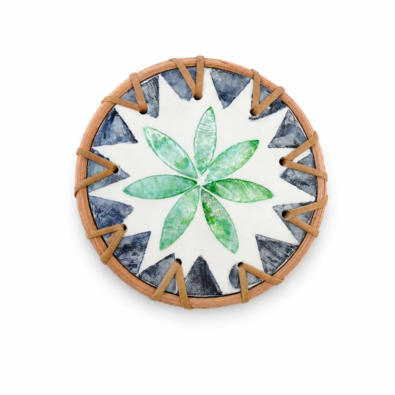 Green floral shell inlay with a handworked natural rattan rim Green floral shell inlay with a handworked natural rattan rim