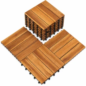 Stacked four-slat wood tiles showing PP bases and round interlocking clips