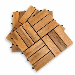 Interlocking Patio Tiles 12 Slats Natural Color 3 Underside of acacia patio tiles showing the flexible interlocking base