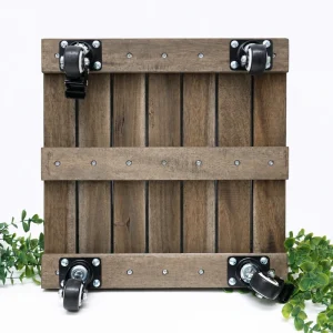Underside of the square acacia caddy showing wood supports and four single casters