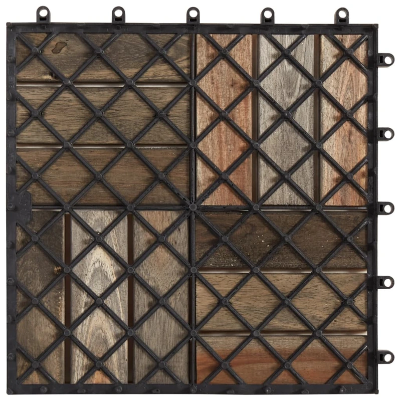 Underside of an acacia tile with a black PP lattice base Underside of an acacia tile with a black PP lattice base