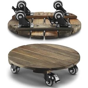 Upper and underside views of the wooden platform and four mounted caster wheels