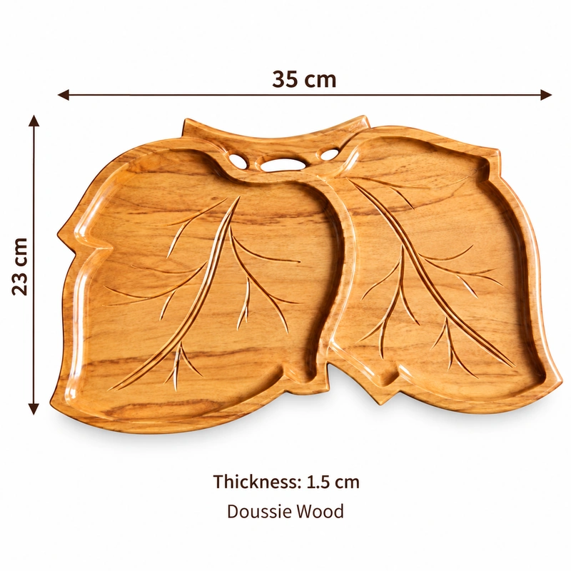 Double Leaf Wood Tray overall dimensions 35 × 23 × 1.5 cm in doussie wood Double Leaf Wood Tray overall dimensions 35 × 23 × 1.5 cm in doussie wood