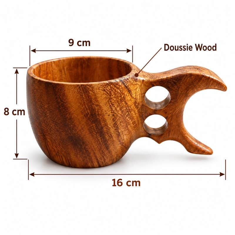 Forked Handle Wooden Cup overall dimensions 16 × 9 × 8 cm in doussie wood Forked Handle Wooden Cup overall dimensions 16 × 9 × 8 cm in doussie wood