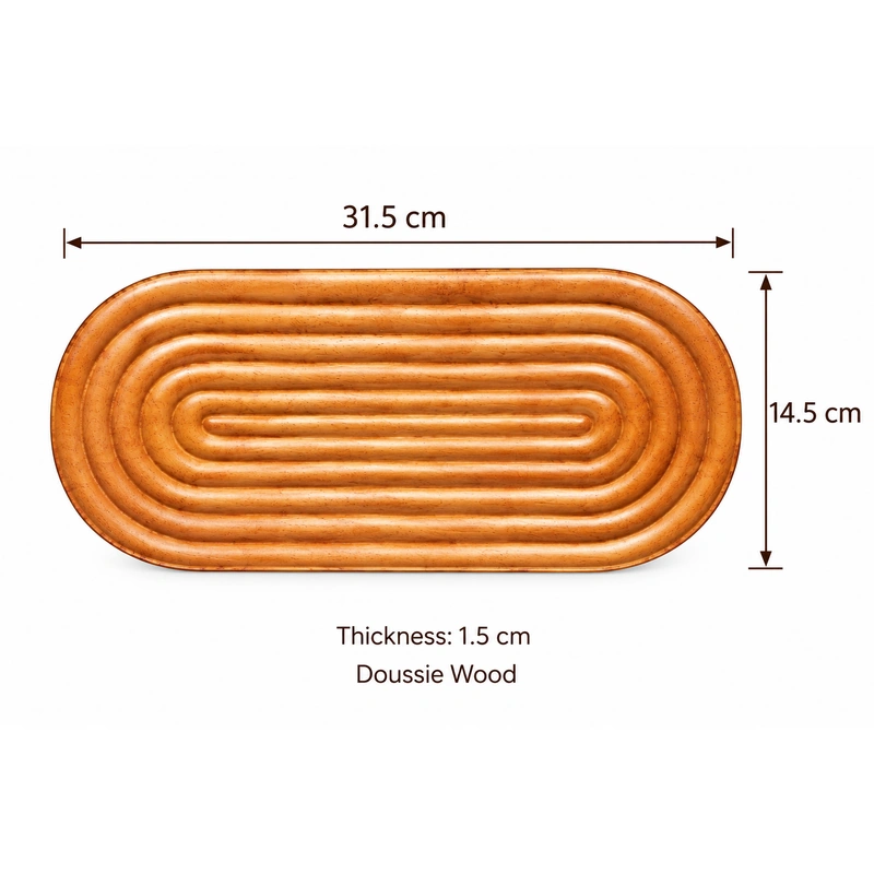 Large Oval Grooved Tray overall dimensions 31.5 × 14.5 × 1.5 cm in doussie wood Large Oval Grooved Tray overall dimensions 31.5 × 14.5 × 1.5 cm in doussie wood